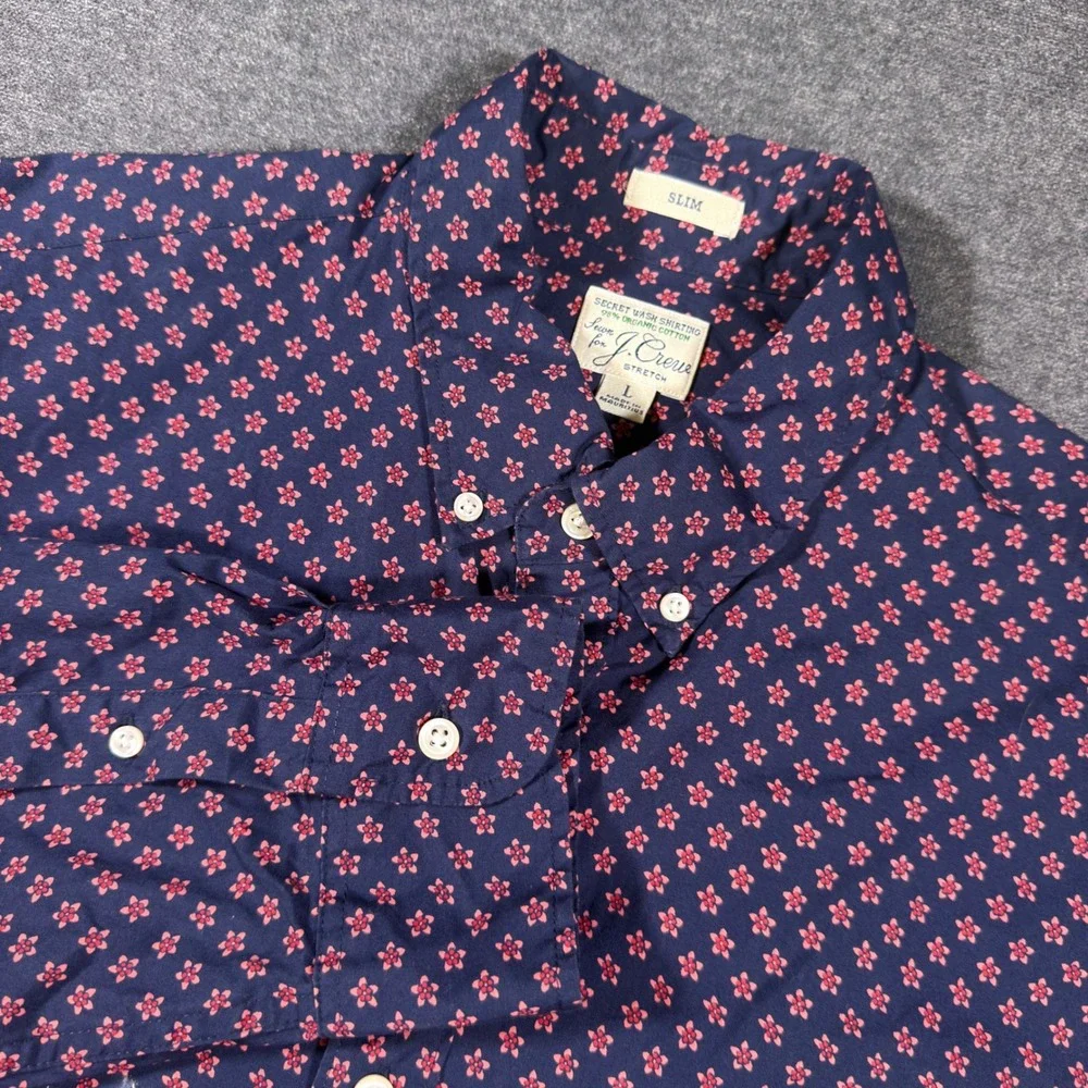 J. Crew Button Down Shirt Mens Large Navy Blue Floral Secret Wash Slim Stretch